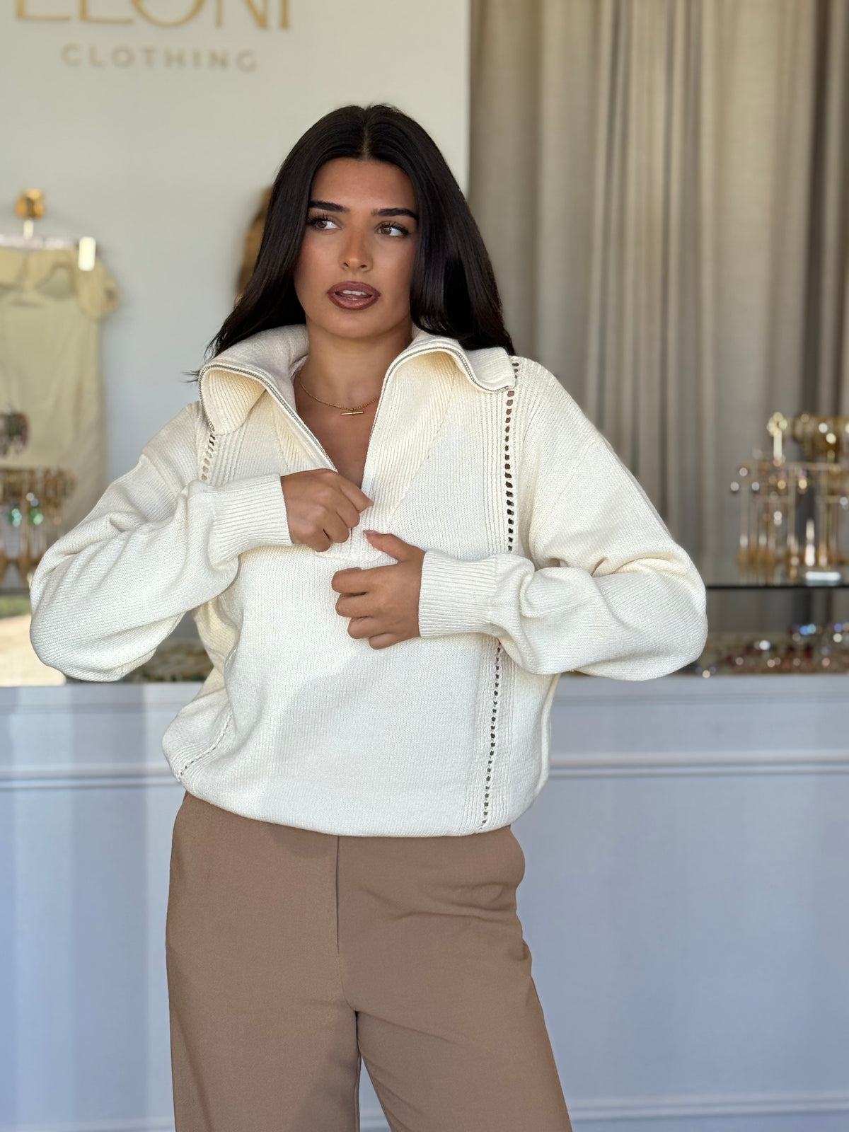 Esti Pointelle Zip Up Knit - Sass